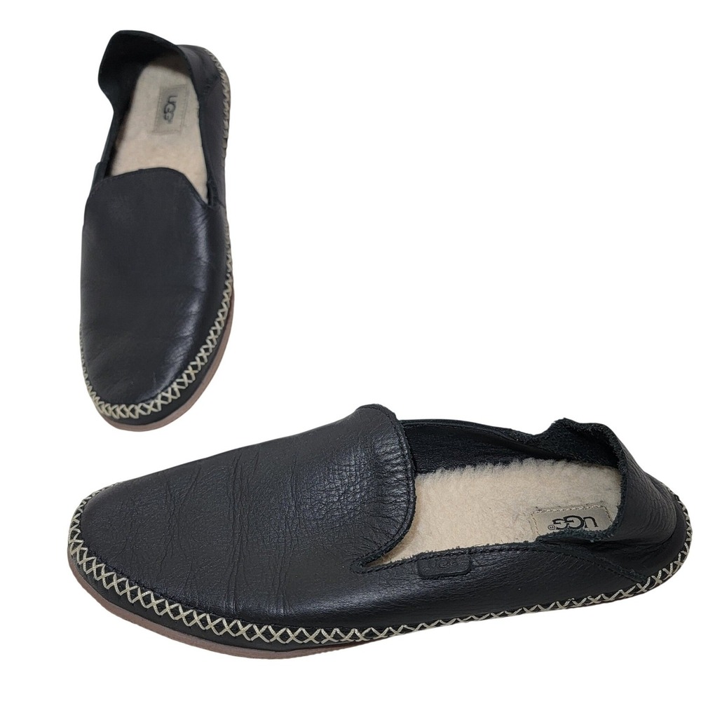 UGG‎ Elodie Slippers Black Leather Sheepskin Lined Slip On Loafers Sz  8 1020235
